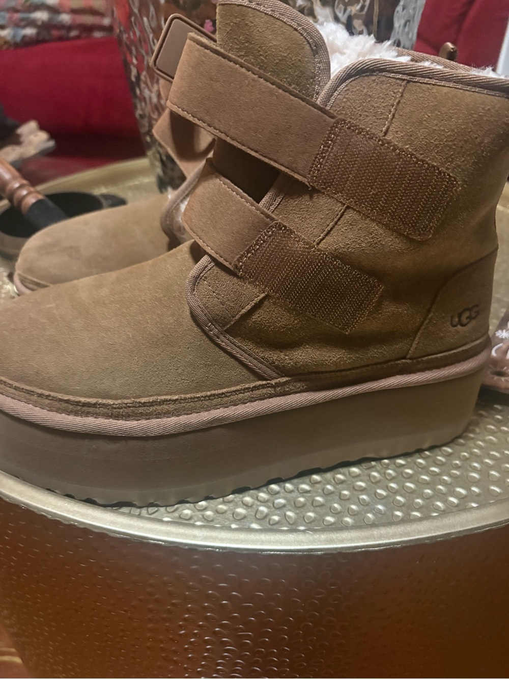 UGG Brown Suede Velvet Strap Platform Winter Boot